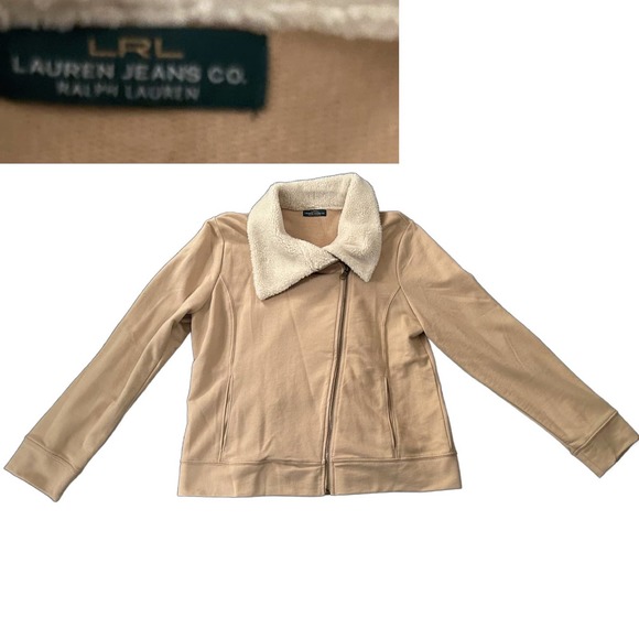 LRL Ralph Lauren Tan Cotton Fleece Zip Up Crop Shirt Jacket / Women’s Large * - Picture 1 of 5